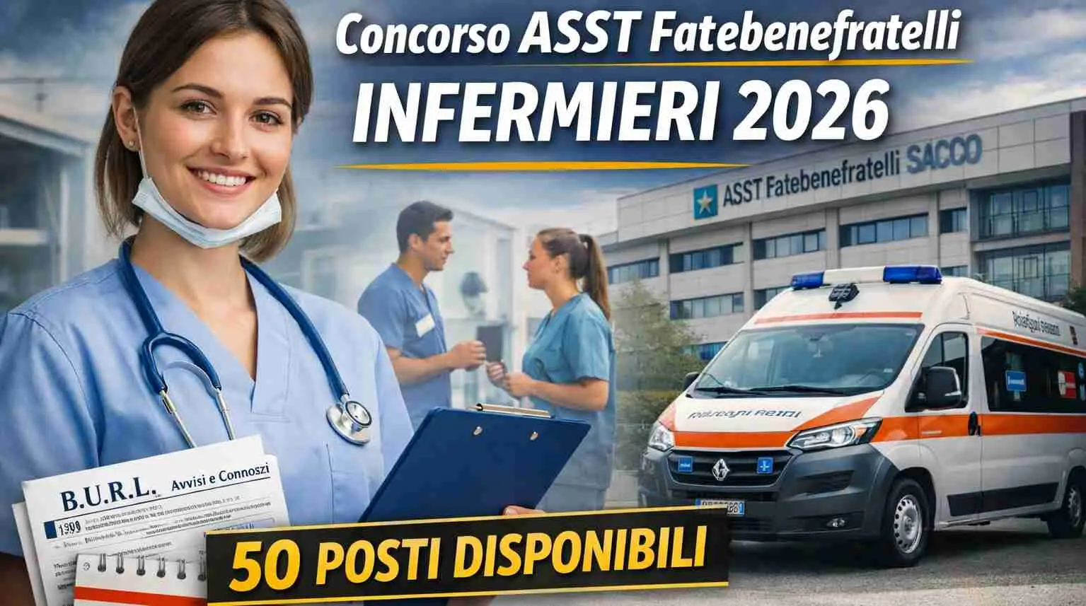 Infermieri sorridenti davanti all'ASST Fatebenefratelli Sacco di Milano con ambulanza, promozione Concorso Infermieri 2026, 50 posti disponibili, scadenza 21 aprile 2026.