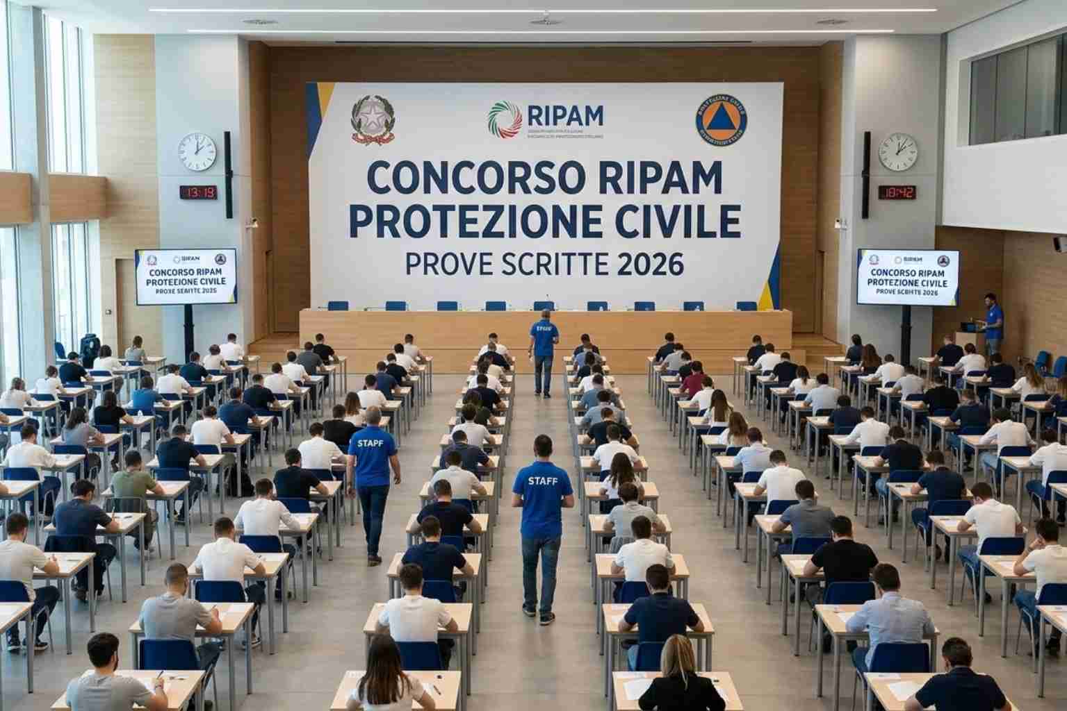Aula d'esame per il Concorso RIPAM Protezione Civile 2026 con candidati seduti ai banchi e grande banner istituzionale sullo sfondo.
