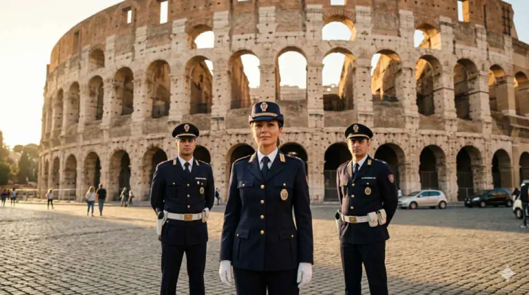 Tre agenti della Polizia di Roma Capitale in divisa davanti al Colosseo durante un concorso vigili Roma.