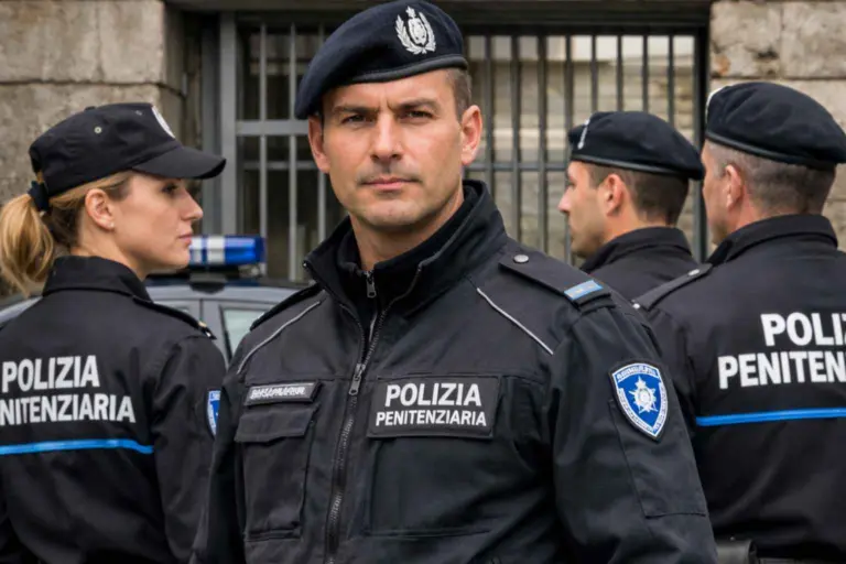 Quattro ufficiali del Corpo di Polizia Penitenziaria italiana in uniforme completa davanti a un edificio carcerario.