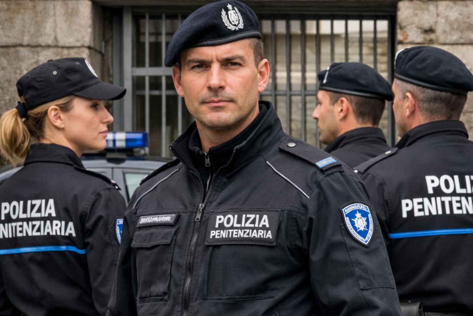 Quattro ufficiali del Corpo di Polizia Penitenziaria italiana in uniforme completa davanti a un edificio carcerario.