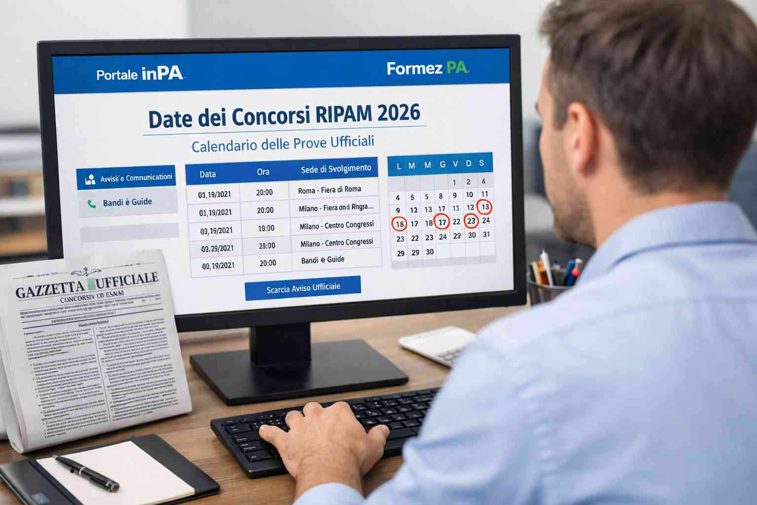 Candidato consulta le Date dei Concorsi RIPAM 2026 sul portale inPA dal computer
