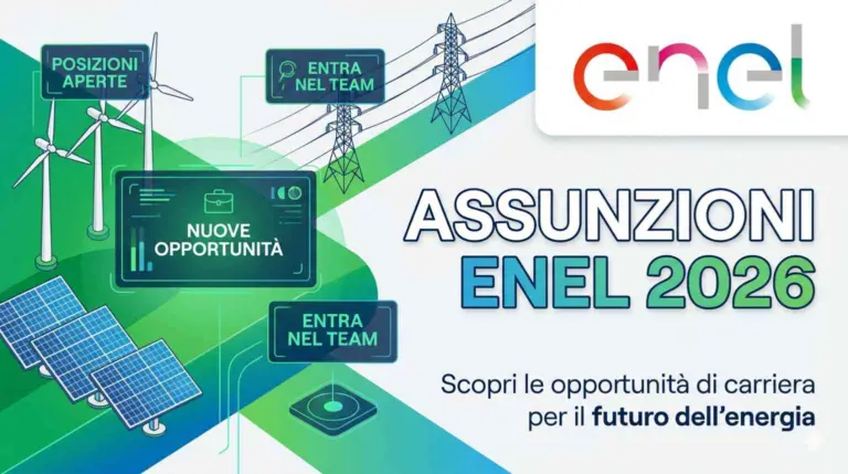 Banner informativo per le assunzioni Enel 2026 con logo ufficiale, turbine eoliche e pannelli solari - Opportunità di carriera nel settore energia.