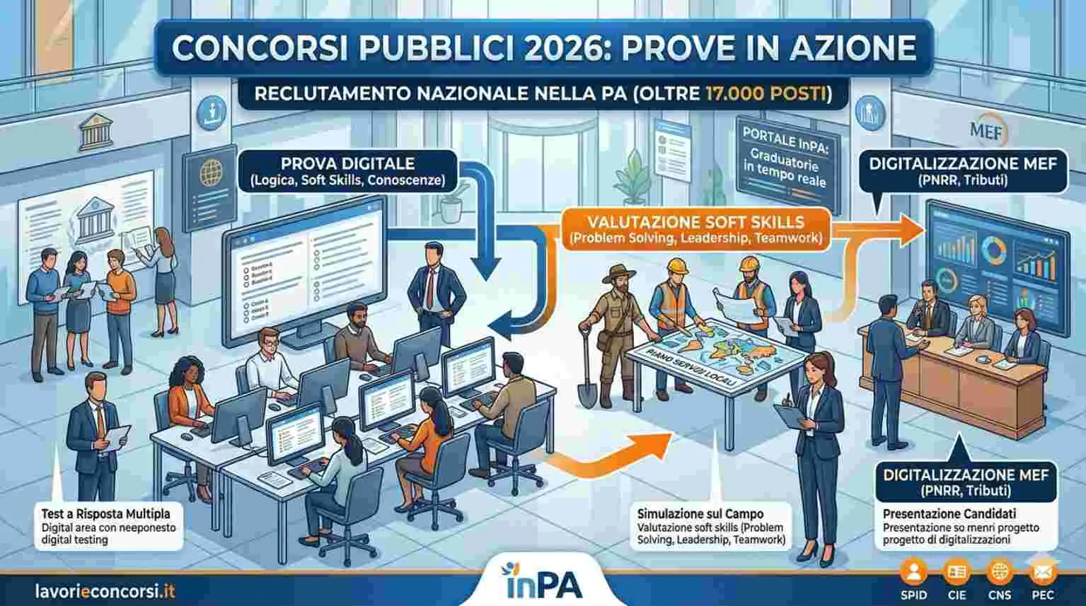 Infografica riassuntiva concorsi pubblici 2026 con dettagli posti SNA, MEF e requisiti portale InPA.