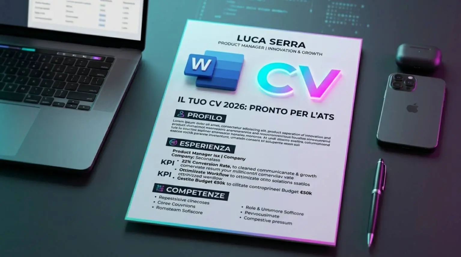 Esempio moderno di Curriculum Vitae 2026 ottimizzato per sistemi ATS con logo Microsoft Word e indicatori KPI in evidenza su sfondo tech.