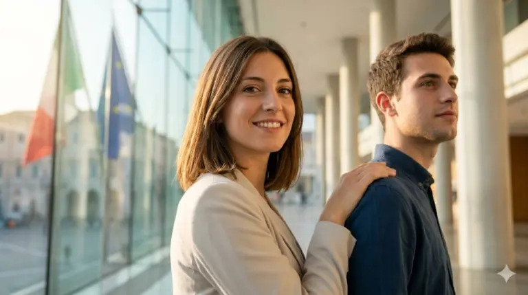 Due giovani professionisti sorridenti davanti a un ufficio pubblico, rappresentano le opportunità dei concorsi di maggio 2026.