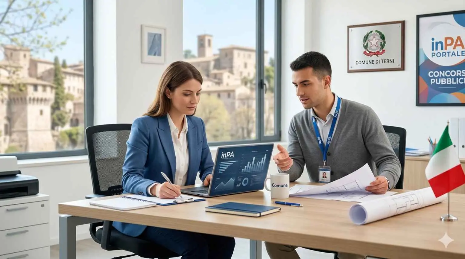 Professionisti in ufficio esaminano pratiche tecniche e il portale inPA per il bando del Comune di Terni per funzionari a tempo indeterminato.