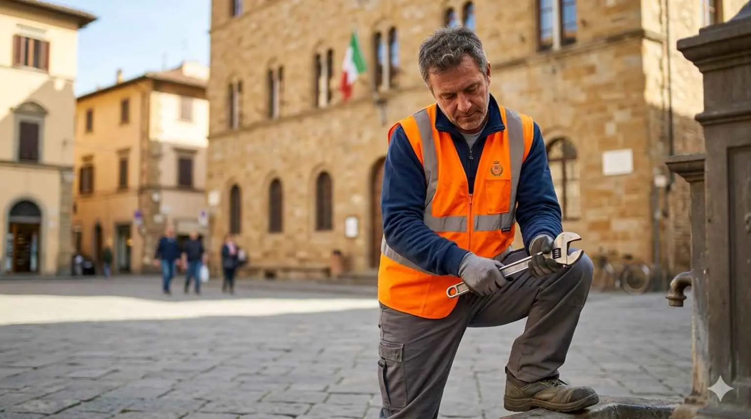 Operaio comunale al lavoro in una piazza in provincia di Modena per il bando "Il Comune di Modena assume