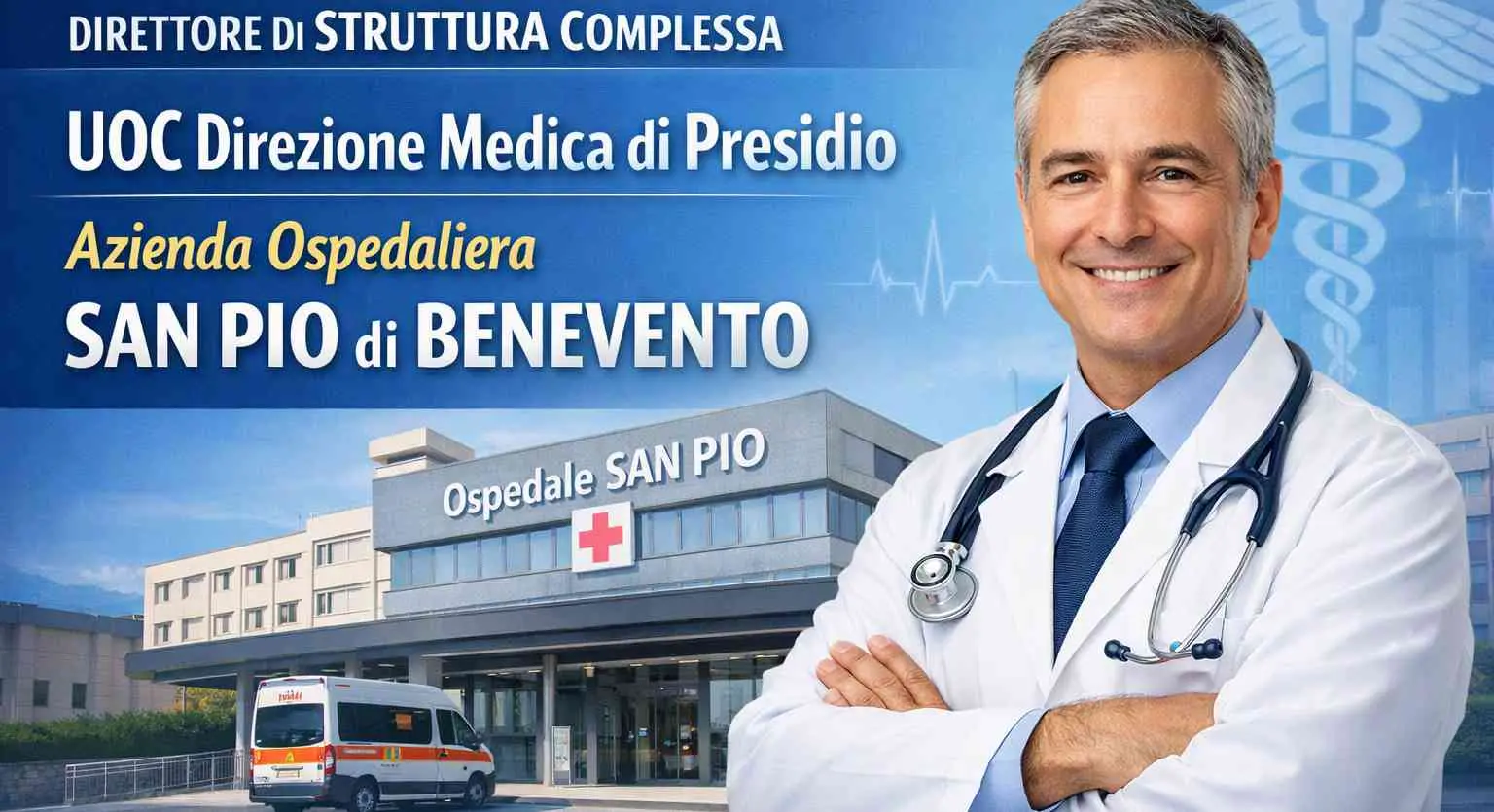 Immagine istituzionale del concorso per Direttore di Struttura Complessa UOC Direzione Medica di Presidio dell’Azienda Ospedaliera San Pio di Benevento, con layout professionale e grafica pulita.