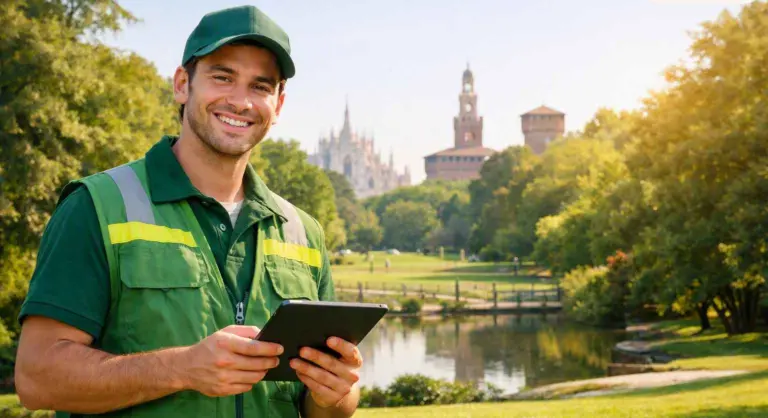 Controller del verde del Comune di Milano durante un sopralluogo in un parco cittadino con tablet per la raccolta dati