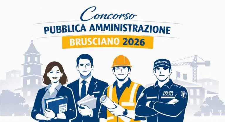 Concorso Pubblica Amministrazione Brusciano 2026: illustrazione con quattro professionisti (impiegata amministrativa, funzionario, tecnico con casco e agente di Polizia Locale) davanti al municipio, con gru PNRR sullo sfondo