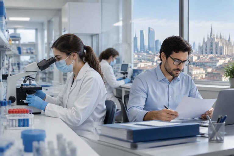 Tecnico sanitario di laboratorio biomedico durante attività professionale in laboratorio